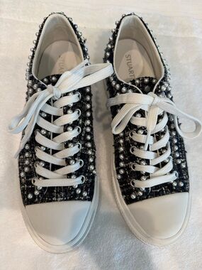 Stuart Weitzman Black Tweed Pearl-Stud Lace-Up Sneakers